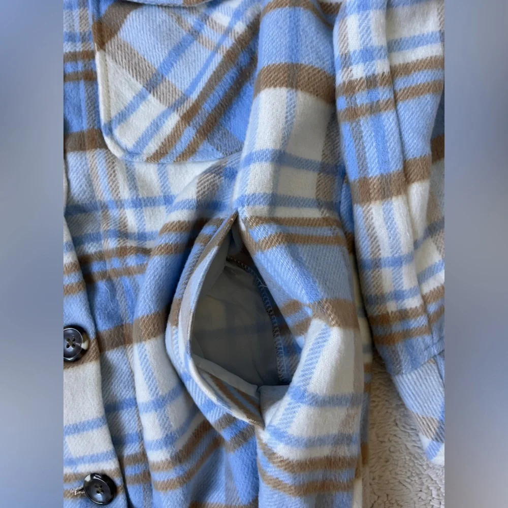 Kensie Jeans Plaid Shacket in Blue and Brown Women Size Medium